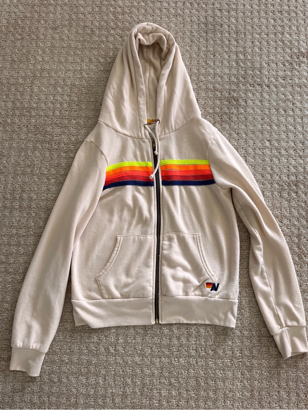 Aviator Nation 5-Stripe Hoodie & Sweatpant Set - Oatmeal / Neon Rainbow - Size S - Picture 9 of 16